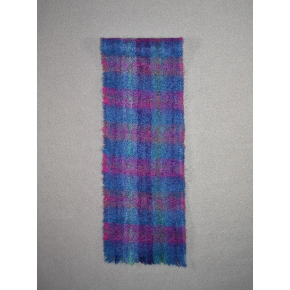 John Hanly Scarf Mohair Wool Blend Blue Purple Fringe Ireland Plaid Vintage